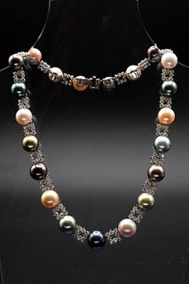 A CULTURED PEARL AND DIAMOND NECKLACE, Schoeffel, the twenty one pink, grey