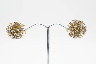 A PAIR OF DIAMOND SET EARRINGS BY DAVID THOMAS, each abstract mount of dome