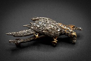 AN EARLY 19TH CENTURY DIAMOND SET BROOCH, modelled as a parrot on a perch, 