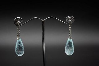 A PAIR OF AQUAMARINE AND DIAMOND EARRINGS, the large faceted oval aquamarin