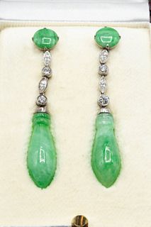 A PAIR OF JADEITE AND DIAMOND EARRINGS, the tapering oval jadeite bead to t