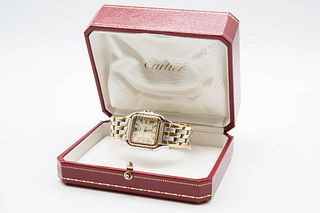 A CARTIER BI-COLOUR PANTHERE BRACELET WATCH. Square ivory dial with roman i