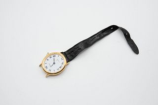 A LADY'S 18CT GOLD ASPREY WATCH. Oval white dial with roman index and black