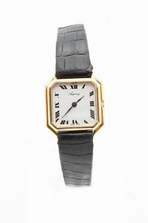 A LADY'S 18CT GOLD ASPREY STRAP WATCH. Square cut corner white dial with bl
