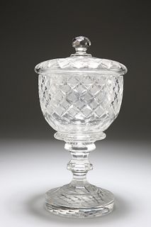 A 19th CENTURY CUT-GLASS SWEETMEAT JAR AND COVER, the slightly domed cover 