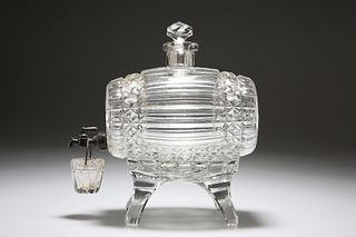AN EDWARDIAN CUT-GLASS SPIRIT BARREL ON STAND, the barrel with faceted glas