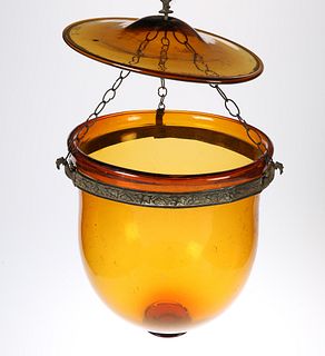 A VICTORIAN AMBER GLASS HANGING LIGHT DOME WITH ORIGINAL GLASS TOP, the bas