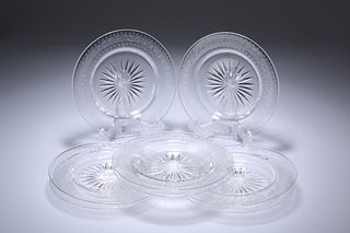 A SET OF EIGHT EDWARDIAN CUT AND ETCHED GLASS PLATES, each etched with Gree
