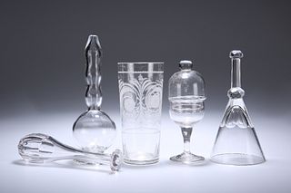 A GROUP OF 19th CENTURY GLASS VESSELS, including a stirrup cup with panelle