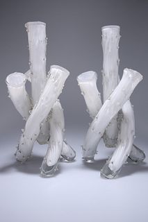 A PAIR OF VICTORIAN CASED GLASS "THORN" VASES, LATE 19th CENTURY, of four e