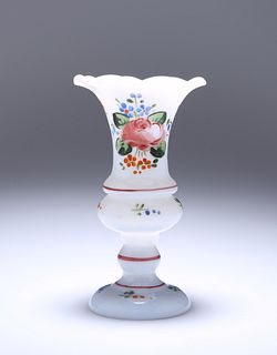A LATE 19th CENTURY ENAMEL PAINTED MILCH GLASS VASE, of baluster form, with