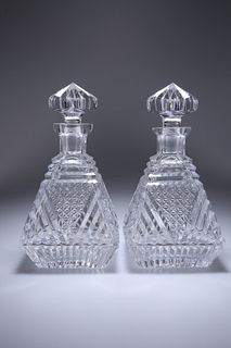A PAIR OF CUT-GLASS DECANTERS, IN THE ART DECO TASTE, of tapering square-se