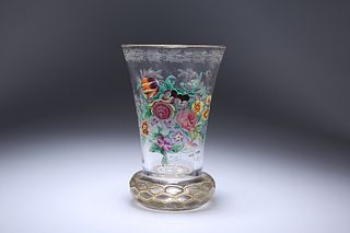 A BOHEMIAN ENAMEL-PAINTED AND CUT-GLASS BEAKER, LATE 19th CENTURY, probably