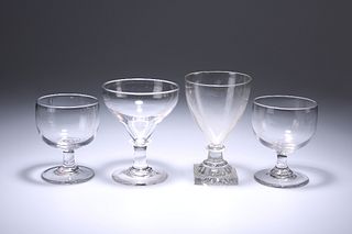 FOUR 19TH CENTURY GLASS RUMMERS, comprising a pair with plain rounded bowls