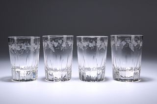 A SET OF FOUR LATE VICTORIAN ENGRAVED GLASS TUMBLERS, each decorated with f