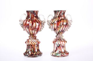 A PAIR OF VICTORIAN SPLATTER GLASS VASES, the marbled pedestal bodies with 