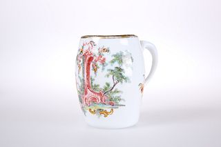 AN ENAMEL DECORATED OPAQUE WHITE MILK GLASS TANKARD, barrel-shaped, painted