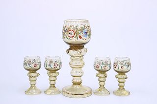 THERESIENTHAL, FIVE BOHEMIAN PALAIS SERIES ENAMELLED GLASS ROEMERS, one lar