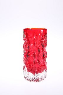 GEOFFREY BAXTER FOR WHITEFRIARS, A RUBY RED BARK EFFECT GLASS VASE, of cyli