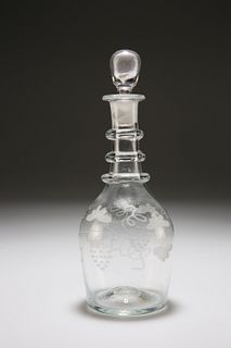AN EARLY VICTORIAN ETCHED GLASS LIQUEUR DECANTER, with triple ring neck, th