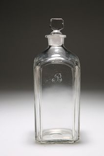A SQUARE CUT-GLASS DECANTER, LATE 18th CENTURY, with octagonal rim, panelle