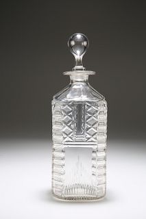 A CUT-GLASS DECANTER, c. 1800, square, with pear-shaped stopper, panelled s
