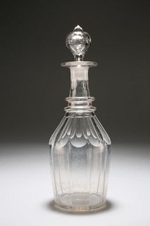 A CUT-GLASS DECANTER WITH DOUBLE RING NECK, MID-19th CENTURY, with ball cut