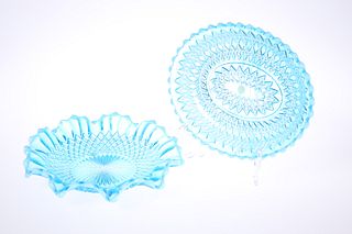 TWO BLUE PEARLINE GLASS SERVING DISHES, LATE 19th CENTURY, one circular wit