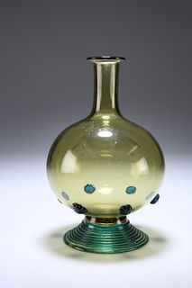 A BOHEMIAN GREEN GLASS FLASK, with six blue prunts, raised on a domed spira