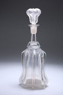 A LARGE VICTORIAN DECANTER, the ribbed body issuing a long neck, bulbous ri