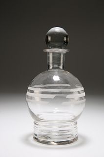 AN ETCHED BLOWN-GLASS DECANTER, c. 1930, globular, with spherical stopper, 