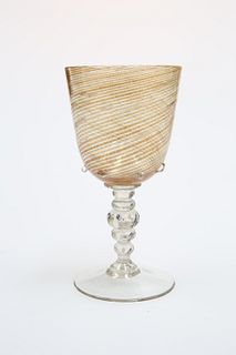 A VENETIAN AVENTURINE WINE GLASS, PROBABLY SALVIATI, MURANO, the cup shaped