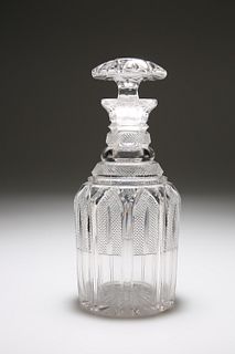 A 19th CENTURY CUT-GLASS MALLET-FORM DECANTER WITH MUSHROOM STOPPER, the tr