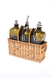 A SET OF THREE PICNIC DECANTERS, each tapering square-section glass bottle 