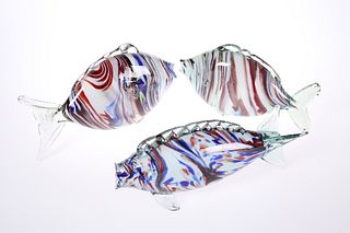 THREE MURANO GLASS MODELS OF FISH, two polychrome striped, the third with s