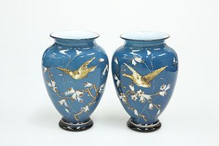 A PAIR OF VICTORIAN ENAMEL PAINTED BLUE CASED GLASS VASES, of tapering oval