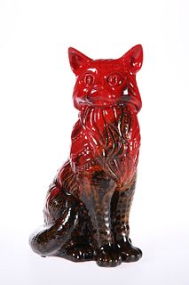 A ROYAL DOULTON FLAMBE VEINED MODEL OF A SEATED CAT, black printed factory 
