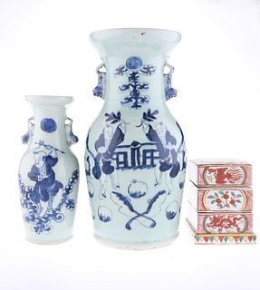 TWO CHINESE BLUE AND WHITE PORCELAIN VASES, each neck applied with two shis
