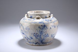 A CHINESE BLUE AND WHITE JAR, IN MING STYLE, of squat baluster form with fo