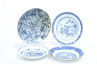THREE CHINESE BLUE AND WHITE PLATES, 18th Century; together with A CHINESE 