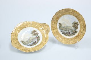 A 19th CENTURY PRATTWARE COMPORT AND DESSERT PLATE, each printed to the wel
