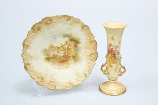 A ROYAL WORCESTER BLUSH IVORY TWIN-HANDLED VASE, c. 1900, the tapering body