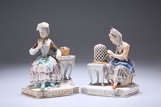 TWO DRESDEN FIGURES, LATE 19TH CENTURY, each modelled as a lady in 18th Cen