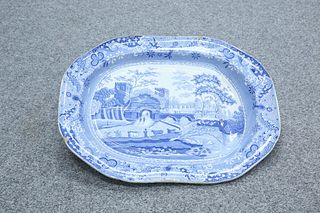 A CLEWS STONE CHINA WELL AND TREE PLATTER, CIRCA 1820'S, blue transfer-prin