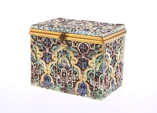 A CONTINENTAL MAJOLICA CASKET, 19TH CENTURY, rectangular with hinged cover,