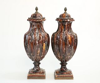 A PAIR OF PATINATED METAL-MOUNTED SARREGUEMINES MAJOLICA VASES AND COVERS, 