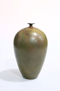 A STUDIO POTTERY VASE, ovoid with minute neck, oxidised glaze, incised AH (