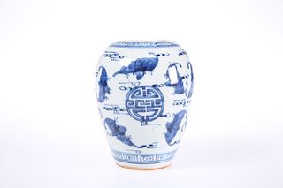 A CHINESE PORCELAIN BLUE AND WHITE VASE, the ovoid body painted with bats a