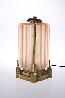 A STRIKING BRONZE AND MOULDED GLASS TABLE LAMP IN THE ART DECO TASTE, proba