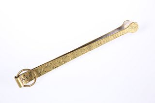 A PAIR OF LARGE BRASS TONGS IN 17th CENTURY STYLE, engraved with figures an